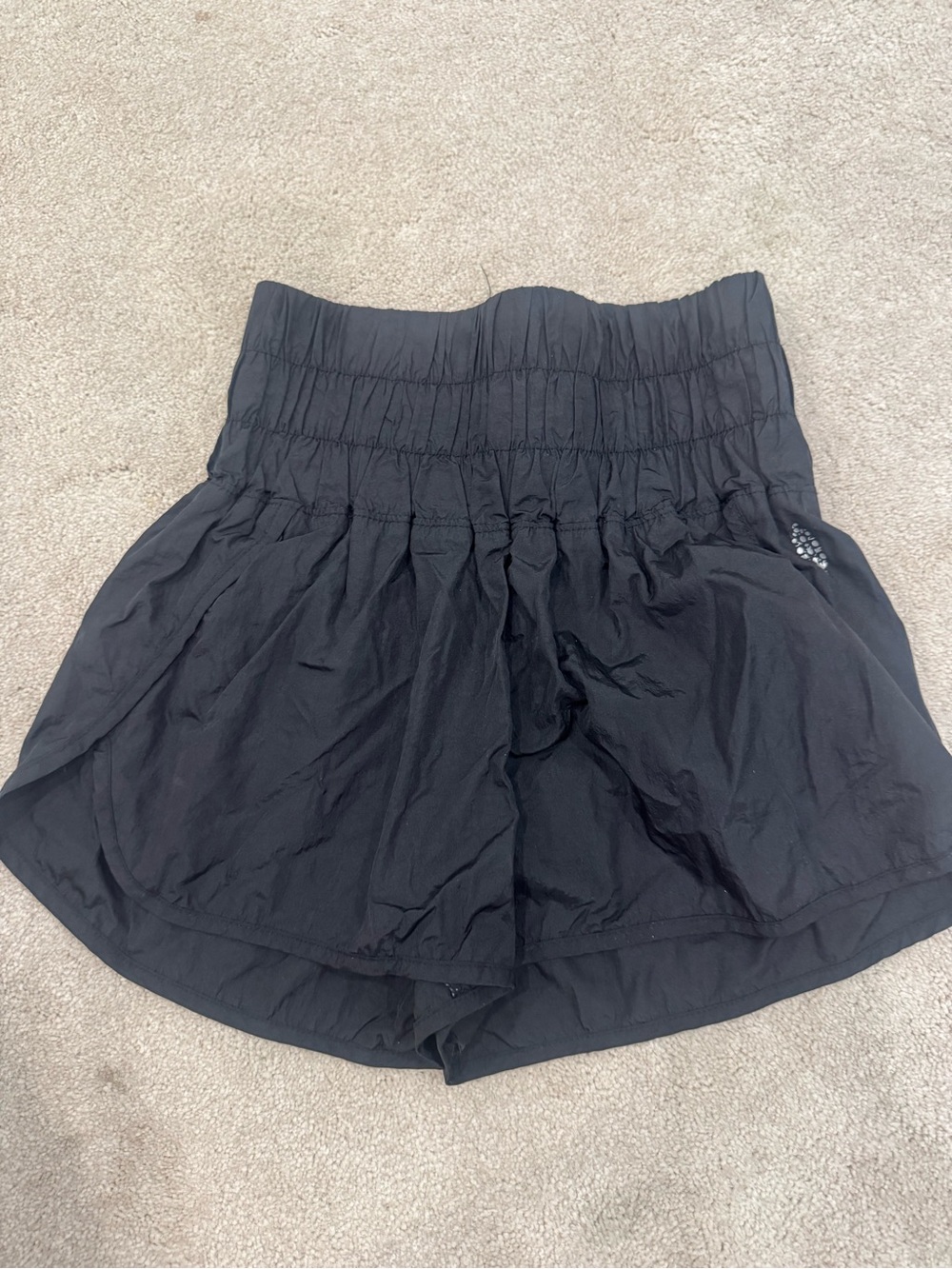Free People, High-Waist Black Athletic Shorts with Smocked Waistband, size S